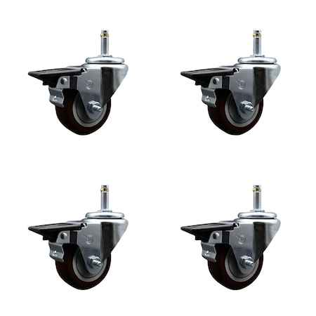 Service Caster 3'' Maroon Poly Swivel 7/16'' Grip Ring Stem Caster Set with Brake, 4PK SCC-GR20S314-PPUB-MRN-PLB-716138-4